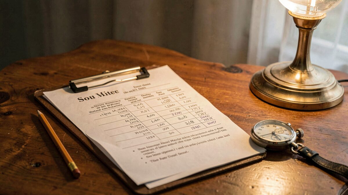 A judge's paper sheet on a clipboard resting on a wooden table beside a pencil and a stopwatch, under the warm light of a ballroom side lamp, shot from slightly above with the mark columns in focus.