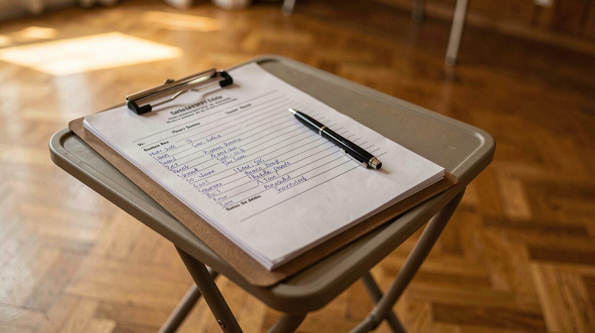 A paper entry form on a clipboard resting on a folding table beside a ballroom floor, three columns of handwritten line items visible, a pen across the page, warm overhead light and a blurred parquet background.