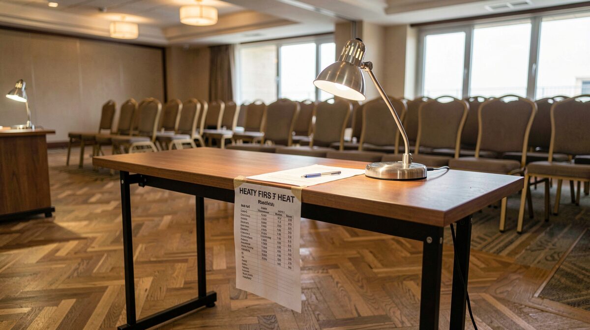 A folding entry desk in a hotel ballroom before the first heat, a printed heat list taped to the table edge, a check-in sheet and a pen under a clip lamp, empty chairs behind it and the parquet floor lit by overhead fixtures.