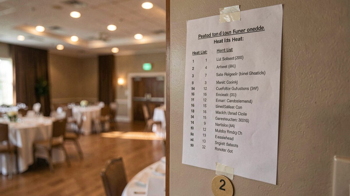 A printed heat list taped to a ballroom wall beside a numbered floor card, lit by overhead house lights, shot at a slight angle with the paper edge in focus.