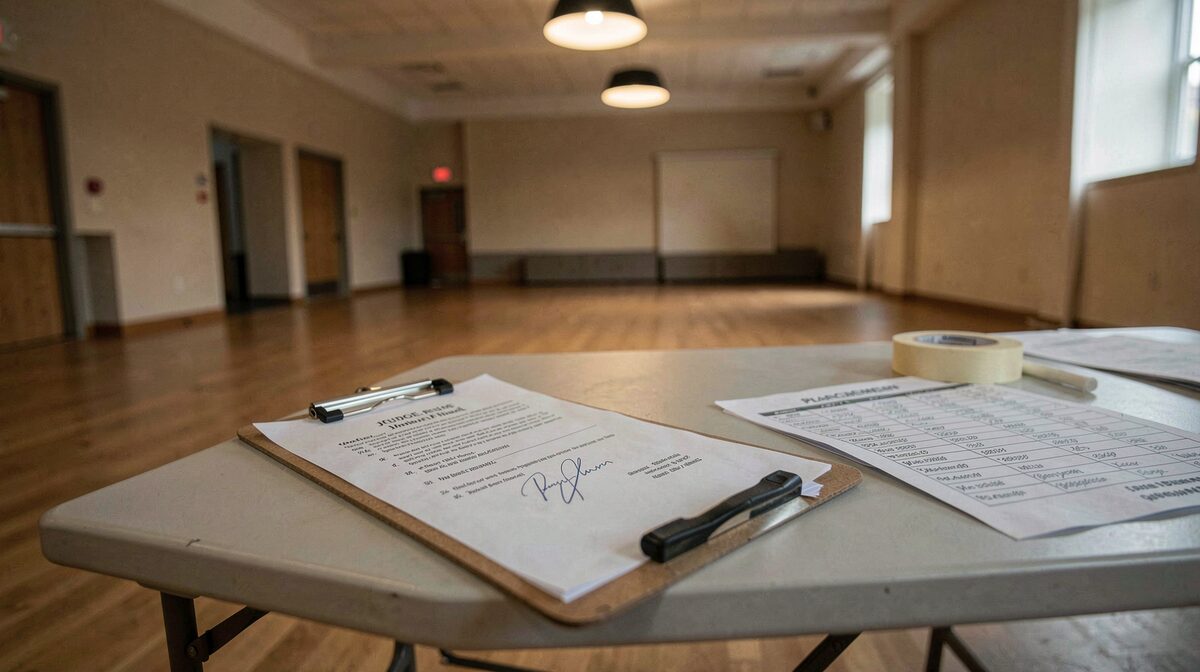 A clipboard with a signed judge sheet resting on a folding table beside a roll of tape and a printed placement list, lit by a single overhead lamp in an empty ballroom after the last final.