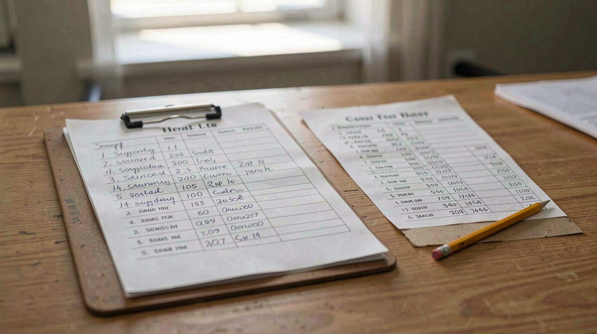 A judge's paper scoresheet on a clipboard resting on a wooden table beside a pencil, with columns of handwritten placements and a printed heat list, lit by overhead hall light.