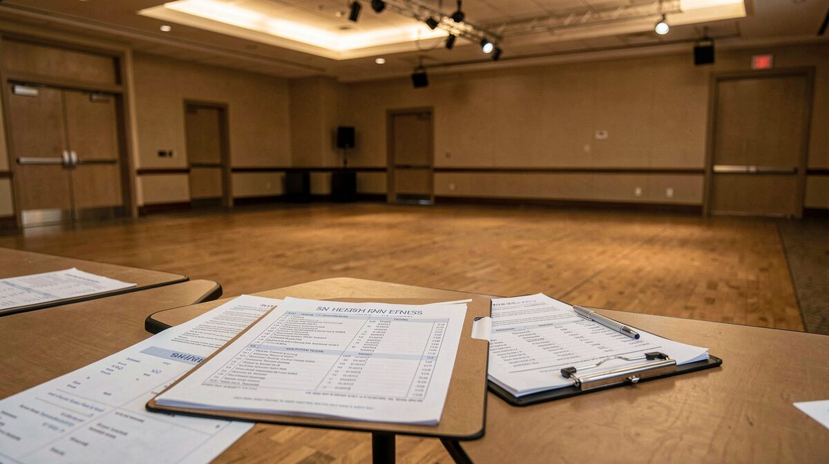 A folding table at the edge of a ballroom floor, covered with printed heat lists and a stapled program, a clipboard and pen on top, warm overhead light from the ceiling rig, shot from a slight angle with the empty floor behind.